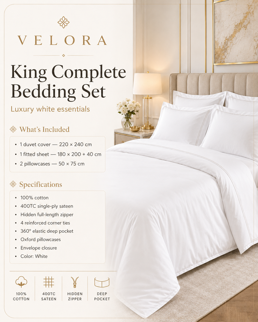 Velora King Complete Bedding Set in white, 100% cotton 400TC sateen
